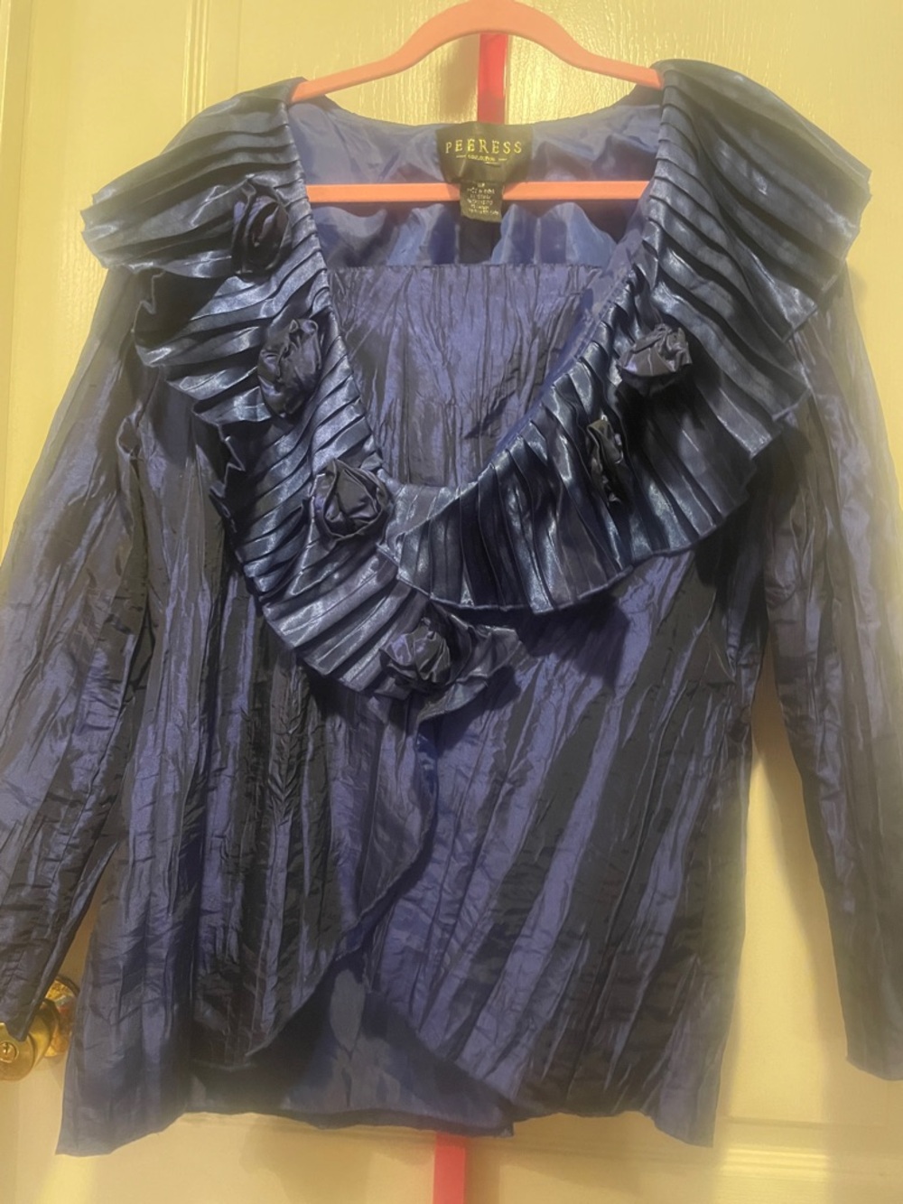 Midnight Blue Satin Ruffle-Front Blouse